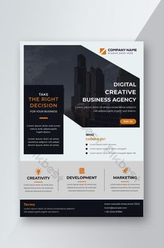 a modern business flyer template with an orange and black color scheme