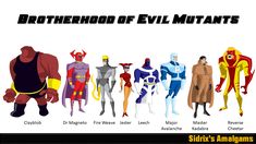 an image of superheros and their names in the style of cartoon character characters, with text that reads brotherhood of evil mutants