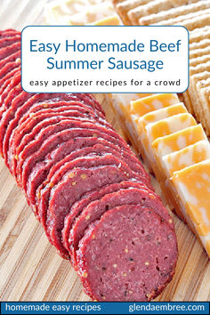 Homemade beef summer sausage on a wooden cutting board with cheese slices. Ground Beef Summer, Appetizer Recipes For A Crowd, Party Planning List, Beef Summer Sausage, Homemade Ground Beef, Recipes For A Crowd, Planning List, Best Beef Recipes, Summer Sausage