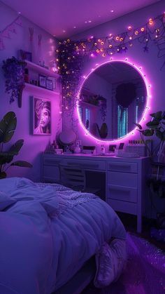 a bedroom with purple lighting and a round mirror