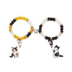 two bracelets with dogs and cats on them, one beaded in yellow and the other black