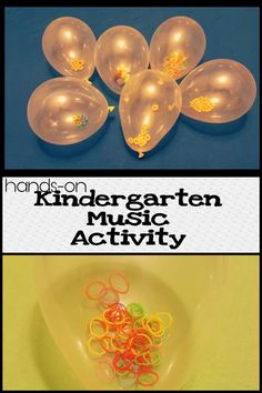 there are many balloons and rings in the shape of animals on this table with text overlay that reads hands - on, kindergartten music activity