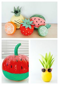 three different pictures of fruits and vegetables made out of paper mache shapes, including pineapples, watermelon, oranges, melon