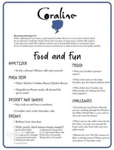 the food and fun menu for coraline