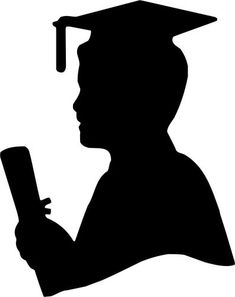 a black and white silhouette of a man holding a book with a graduation cap on his head