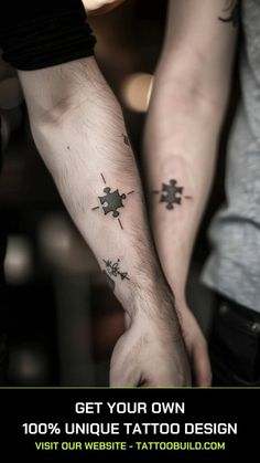 two people are holding hands with tattoos on their arms and the words get your own 100 % unique tattoo design