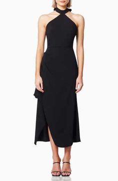 Jewel Badgley Mischka Ruched Halter Neck Asymmetric Hem Cocktail Dress | Nordstrom Modern Cocktail Dress, Cocktail Dress Nordstrom, Cocktail Midi Dress, Chic Cocktail Dress, Jewel Badgley Mischka, Skirt Swimsuit, Midi Cocktail Dress, Zip Ties, Badgley Mischka