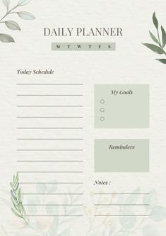 a daily planner with green leaves and branches on it, in the middle of a page