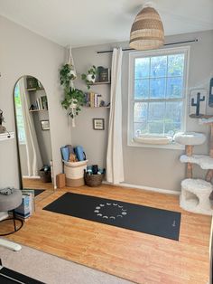 a yoga mat is on the floor in front of a window with a cat tree