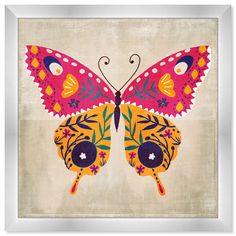 a painting of a colorful butterfly on a beige background