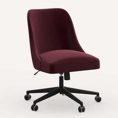 an office chair with wheels and a red upholstered seat, viewed from the front