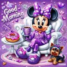 a painting of minnie mouse sitting on a chair with a cup of coffee and a dog