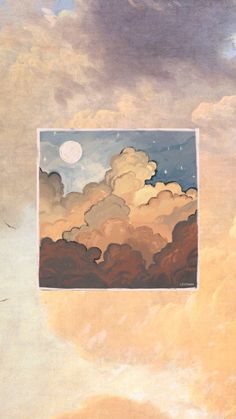 an image of a painting on the wall with clouds and stars in the sky above it