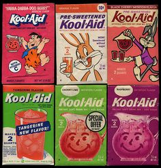 four different kool aid packets are shown in this image, each with cartoon characters on them