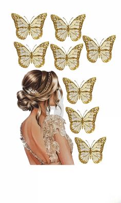 a woman with her hair in a bun and butterflies around her