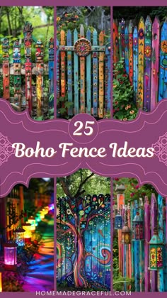 boho fence ideas Unique Fence Design, Unique Backyard Fence Ideas, Back Fence Decorating Ideas, Cheap Fencing Ideas Budget, Painted Wooden Fence Ideas, Decorate A Fence Ideas, Outdoor Accent Wall Ideas, Garden Wall Art Ideas, Diy Outdoor Porch Decor