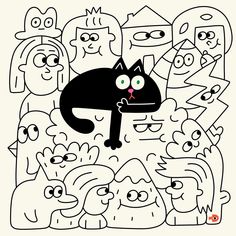 a black cat surrounded by many different faces