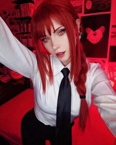 Makima Cosplay Wig, Makima Outfit Csm, Makima Makeup Look, Makima Cosplay Makeup, Makima Outfit, Makima Costume, Halloween Red Hair, Chainsaw Man Costume