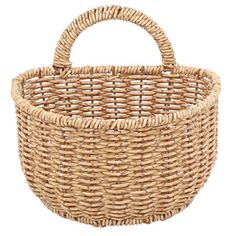 a wicker basket is shown on a white background, with the handle extended to it's side