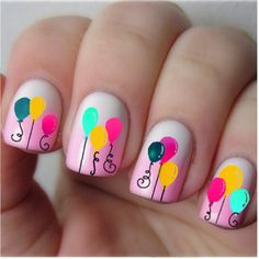 Birthday Party Nails Ideas, Baloon Nails Design, Balloon Nail Design, Birthday Nails Balloons, Ballon Nails, Balloons Nails, Birthday Gel Nails, Balloon Nail Art, Balloon Nails