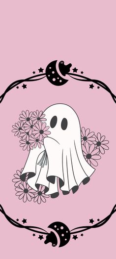 a pink background with a ghost holding flowers