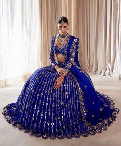 Royal Blue Small Flower Linear Lehenga Set Vvani by Vani Vats - Fabilicious Fashion Royal Blue Wedding Lehenga, Royal Blue Bridal Lehenga, Mehndi Hair, Blue Bridal Lehenga, Zari Lehenga, Lehenga Blue, Royal Blue Lehenga, Sangeet Lehenga