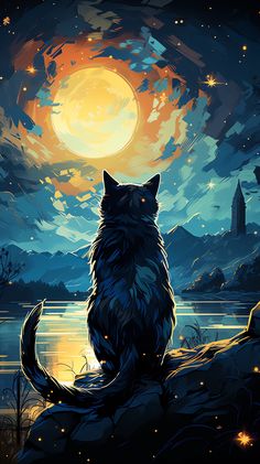 a painting of a cat sitting on a rock looking at the night sky and stars