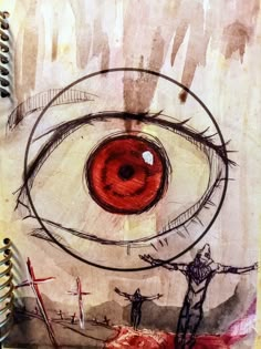 a drawing of an eye looking into the distance with a man standing in front of it