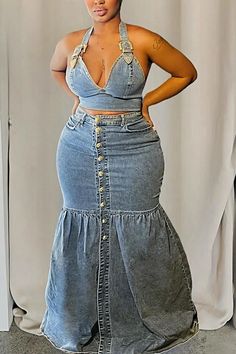 Plaid Patchwork Skirt, Denim Two Piece, Denim Wedding, Summer Tips, Denim Jumpsuits, Plus Size Party, Denim Skirt Outfits, Skirt Sets, Beautiful Clothes