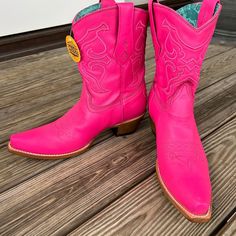 Never Worn, Brand New Corral Cowboy Boots. 7inch Embroidered Shaft With Pull On Straps & Snip Toe With A Two Inch Heel. Pink Fitted Snip Toe Boots, Fitted Western Style Pink Boots, Fitted Western Pink Boots, Pink Western Boots With Almond Toe, Western Style Pink Almond Toe Boots, Short Cowboy Boots, Distressed Leather Boots, Pink Booties, Ankle Cowboy Boots