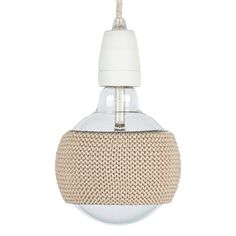 a white light bulb hanging from a rope with a glass dome in the middle and an air vent attached to it