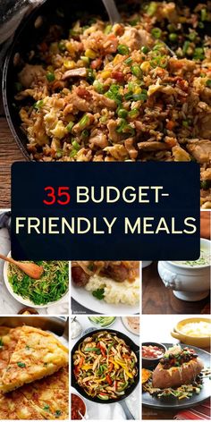 a collage of images with the words 35 budget - friendly meals on top and bottom