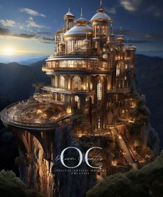 an artistic rendering of a castle on top of a mountain with stairs leading up to it