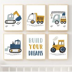 four children's wall art prints featuring construction vehicles