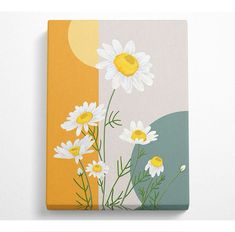 a canvas with daisies on it and an orange background