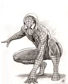 a drawing of a spider man crouching down with his arms outstretched and legs crossed