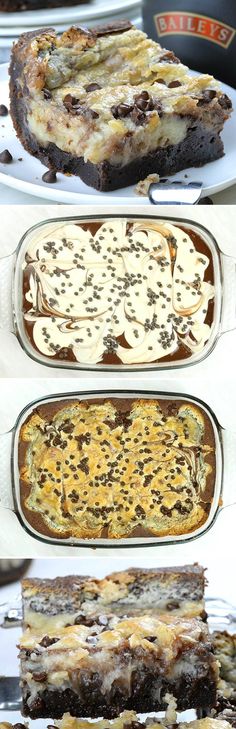 three different types of desserts on plates and in pans with the same topping