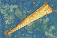 a drawing of a long piece of wood with stars in the sky and clouds around it