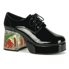 This is a listing for a new pair of 3.5” Black Patent Platform Shoes.  The heel is clear with a fake goldfish inside.  Made by Funtasma, which is the go-to brand for great costume shoes.  The style name is Pimp-02.  These would be a great addition to a 70s, Disco or Pimp themed costume. Available colors: Black Patent, White Patent, Zebra Print, Cheetah Print  Available sizes: US men's sizes 8/9, 10/11, 12/13 and 14.  The sizing for these shoes runs in doubles, however don't be scared off by that Halloween Costume Shoes, Disco Shoes, Mens Platform Shoes, Dr Shoes, Platform Shoe, Oxford Platform, Black Platform Shoes, Pleaser Shoes, 70s Disco