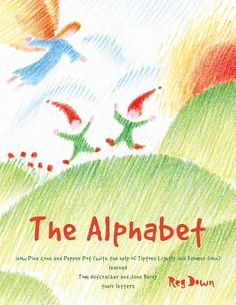 the alphabet book cover with two children flying in the sky and an orange bird above them