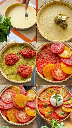 four pictures showing how to make a pie crust with tomatoes and other vegetables in it