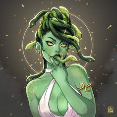 an illustration of a woman with green hair and snakes on her head, holding her hands to her face