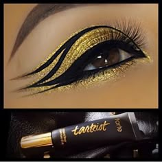 week 4 Egyptian makeup images- The graphic shape created here resembles hieroglyphs. Make Up Designs, Egyptian Eye, Gold Eye Makeup