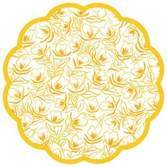 a yellow and white flowered design on a white background in the shape of a circle