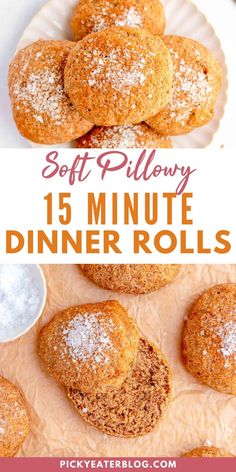 soft pastry with powdered sugar on top and the words soft pillow 15 minute dinner rolls