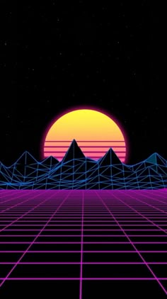 an old school computer screen with mountains in the background and a sun setting behind it