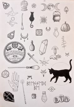 a black cat is standing in front of many different things on the page, including handwritten letters and symbols