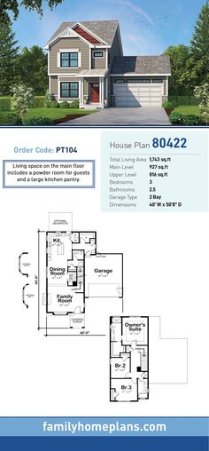 the floor plan for this house is shown in blue and white, with an attached garage