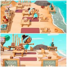 two pictures of people doing yoga on the beach