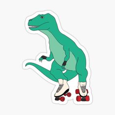 a sticker of a dinosaur riding roller skates